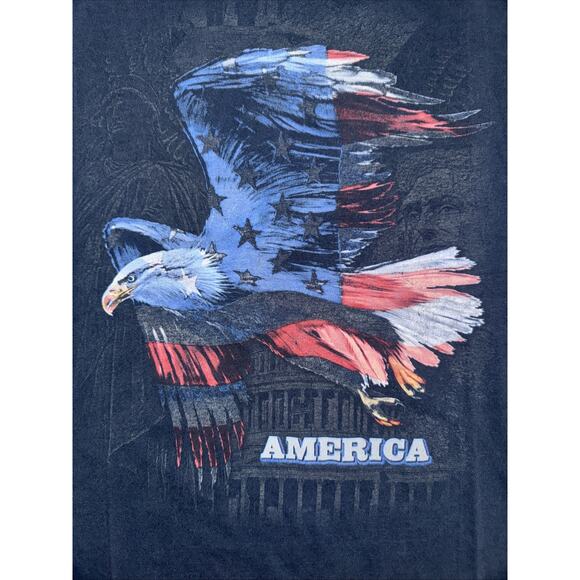 Vintage Bald Eagle USA Flag Graphic T-Shirt Men’s Medium Blue 19x25 Patriotic - Picture 2 of 6